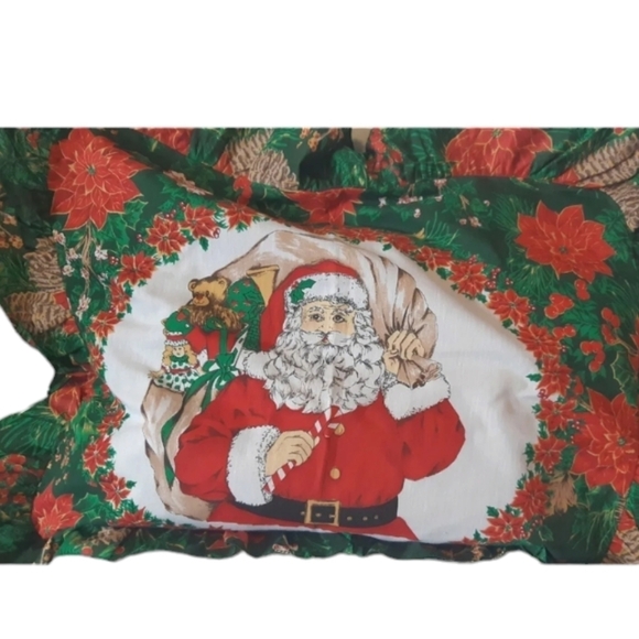 VTG SANTA CLAUS Christmas toy sack poinsettia ruffle pillow sham standard USA - Picture 2 of 8